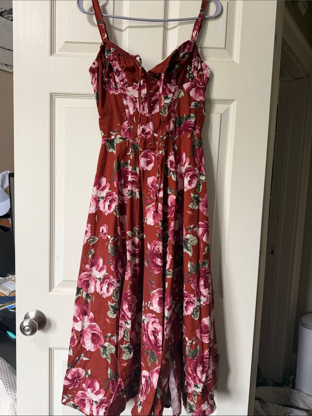 Floral corset Sundress in Rust with Pink Roses